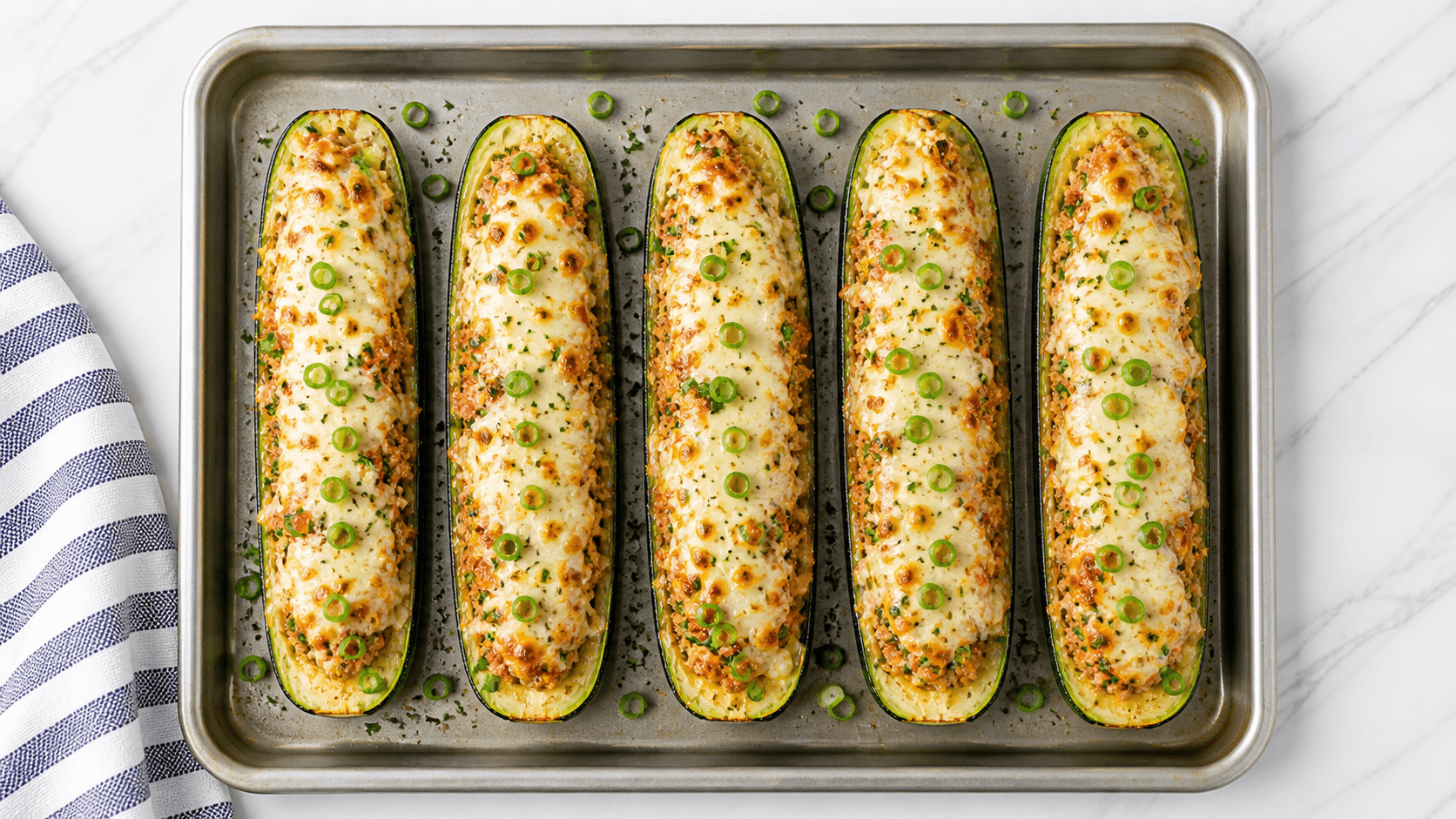 grilled zucchini turkey boats on a wooden board with herbs