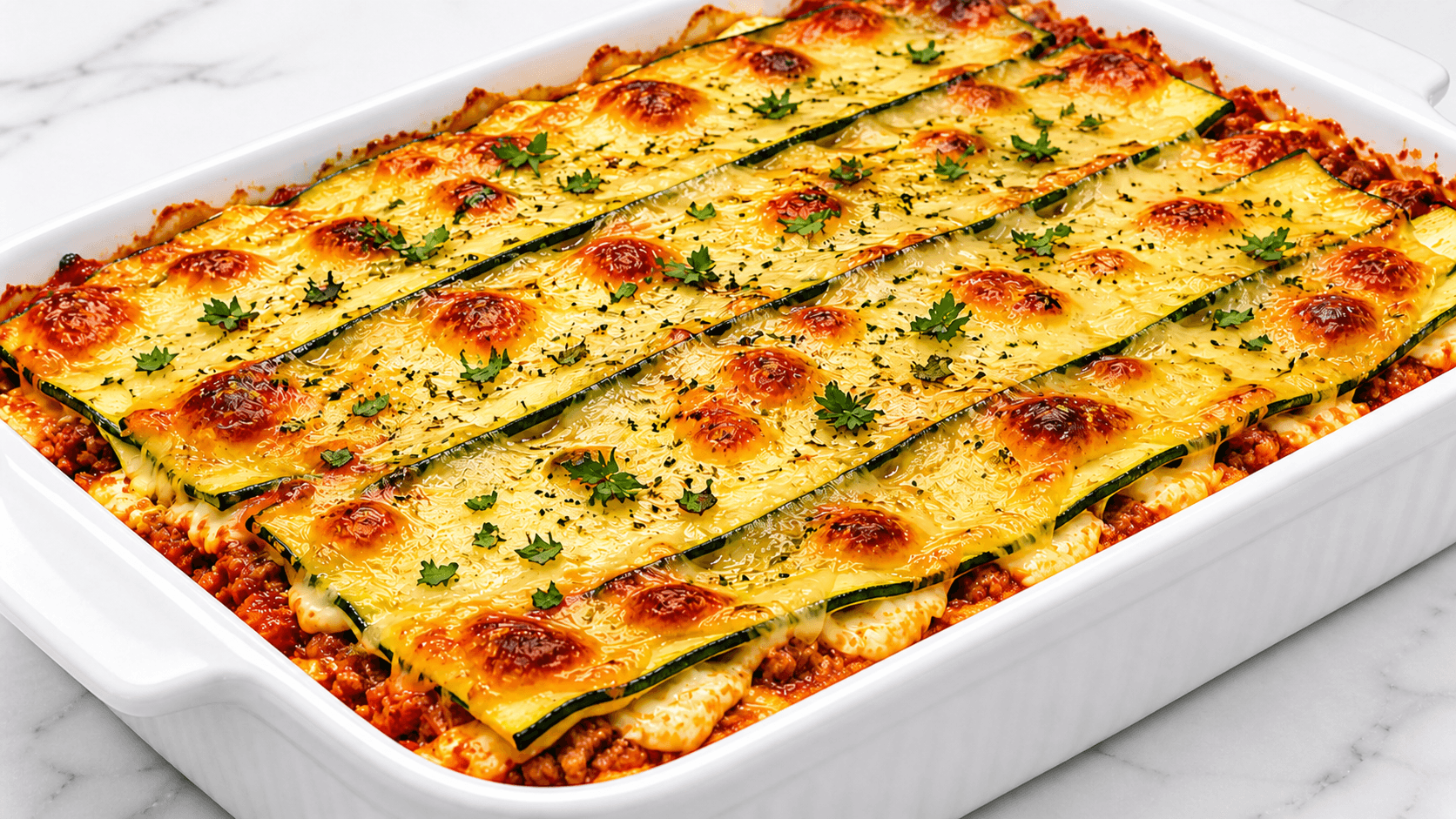 Keto zucchini lasagna on a white plate with a slice lifted