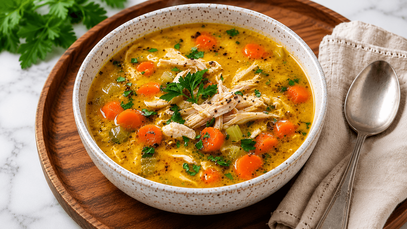 Creamy Keto Chicken Soup in a white bowl with fresh parsley
