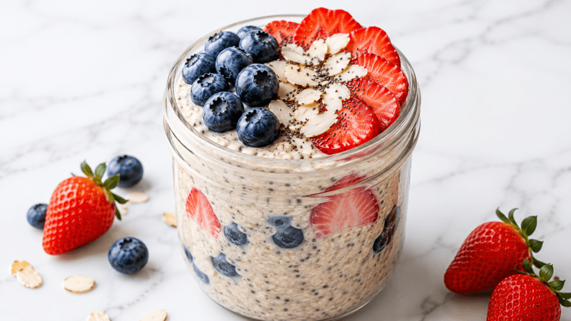 Close-up high protein overnight oats topped with sliced almonds and cinnamon.