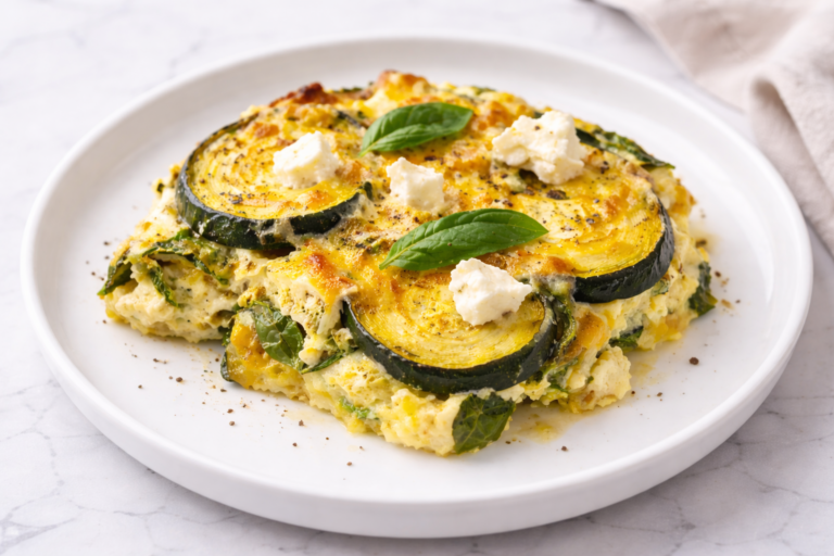 Golden cheesy low crab healthy recipe – zucchini and feta bake fresh from the oven in a ceramic dish.
