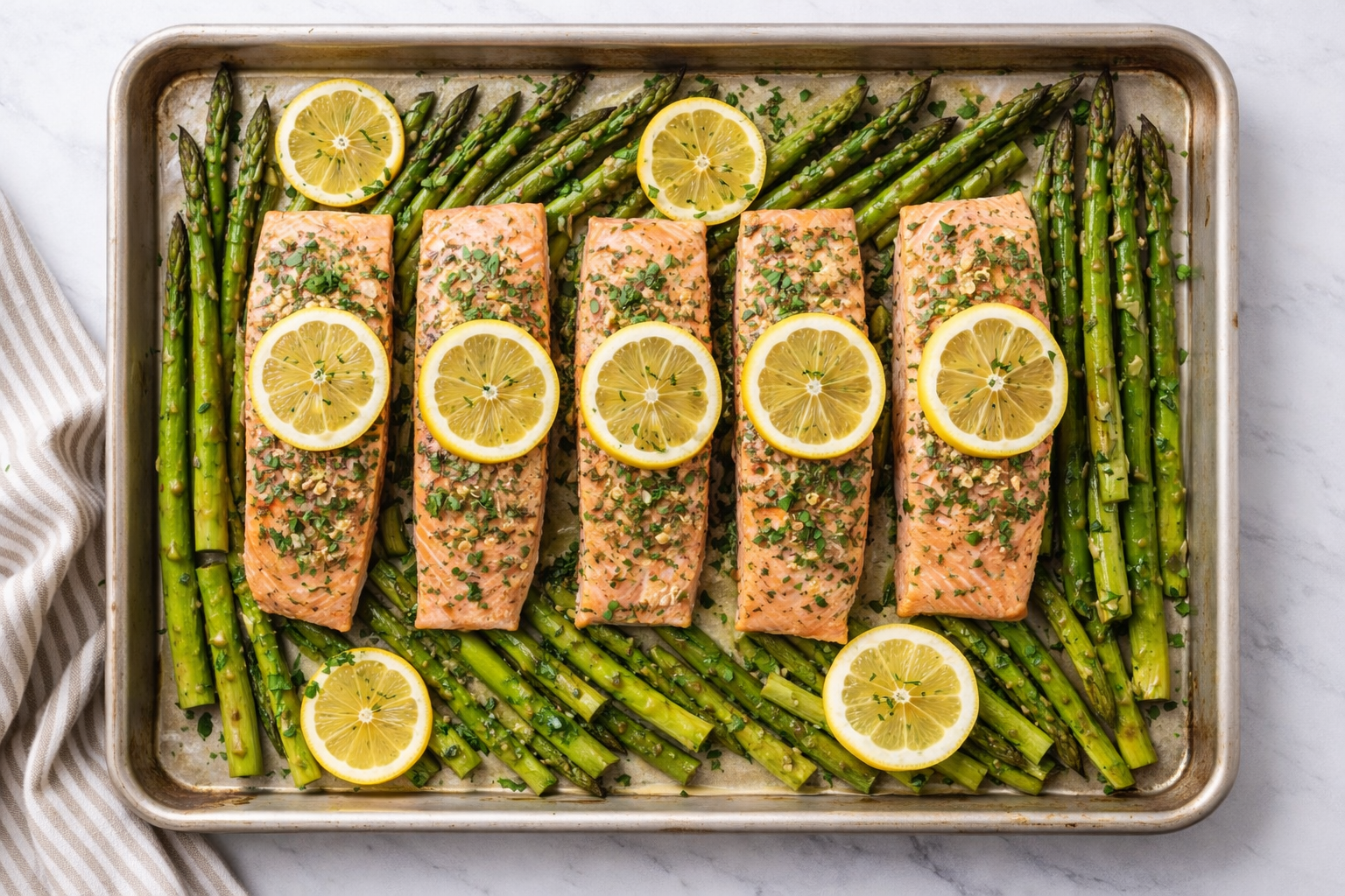**Alt Text:** Easy healthy recipe lemon herb salmon with asparagus on sheet pan.