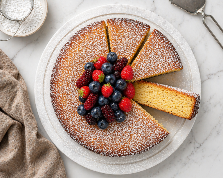 Moist Keto Almond Flour Cake topped with slivered almonds on a white plate