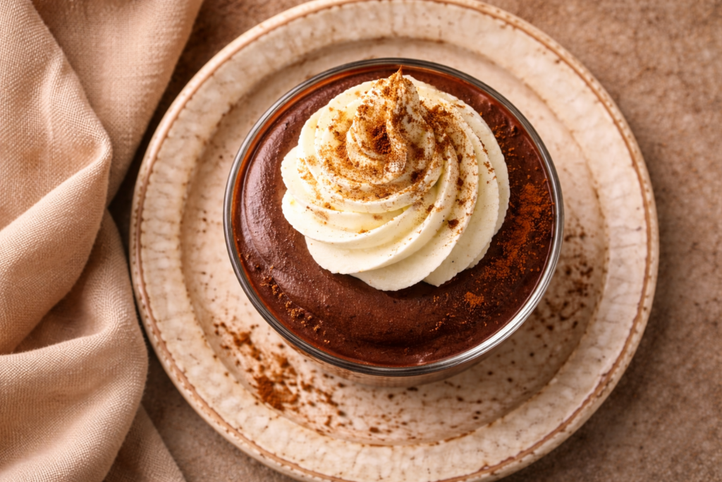 Creamy keto chocolate mousse in glass cup with coconut flakes, low carb dessert no bake