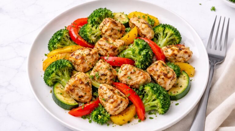 low carb chicken skillet with bell peppers and broccoli in cast iron pan