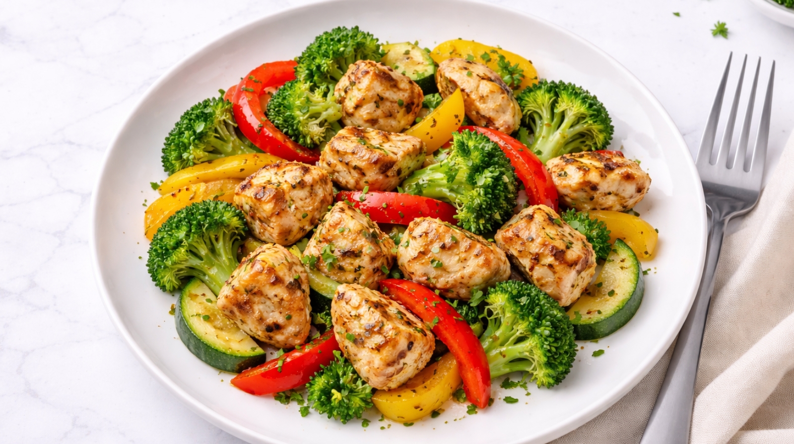 low carb chicken skillet with bell peppers and broccoli in cast iron pan