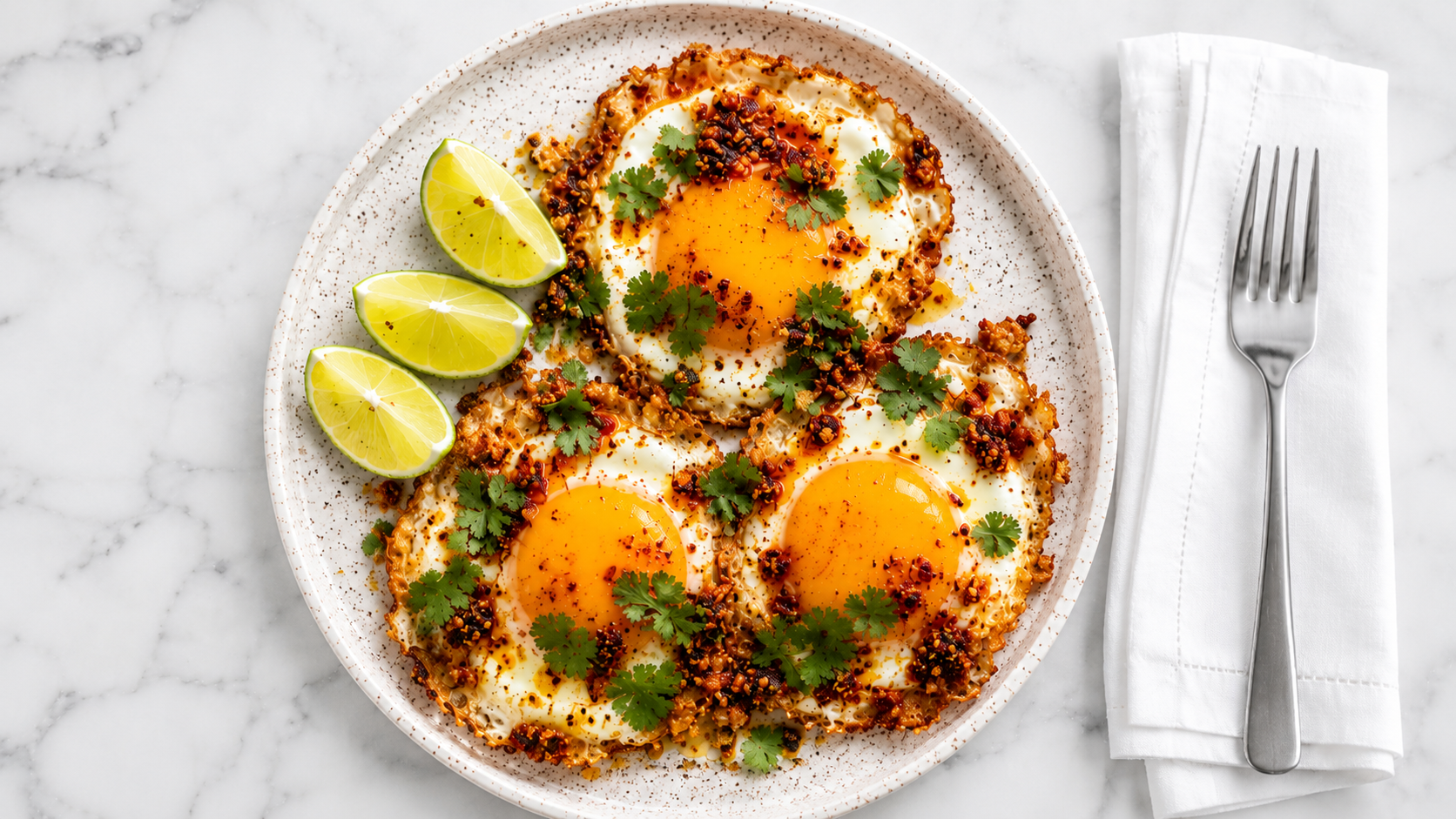 Spicy chili garlic turmeric fried eggs in a cast iron skillet – a quick low-carb healthy recipe.
